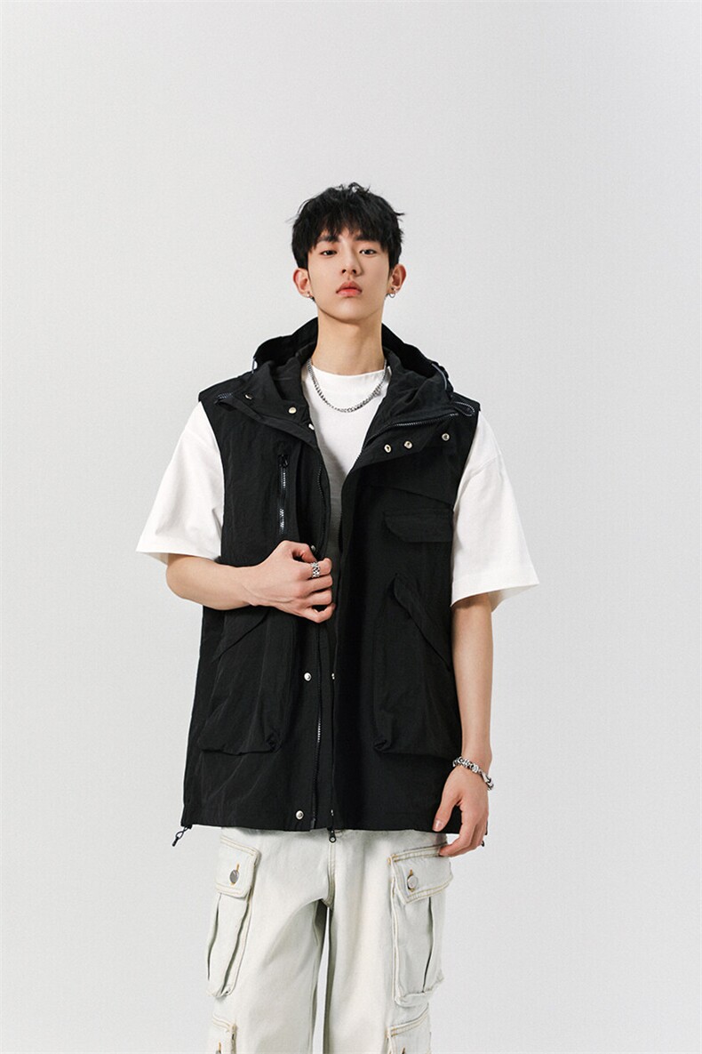 8XL-M钓鱼老外套街头机能口袋连帽防水无袖马甲坎肩JK1316P78,男装夹克,电商D206-1