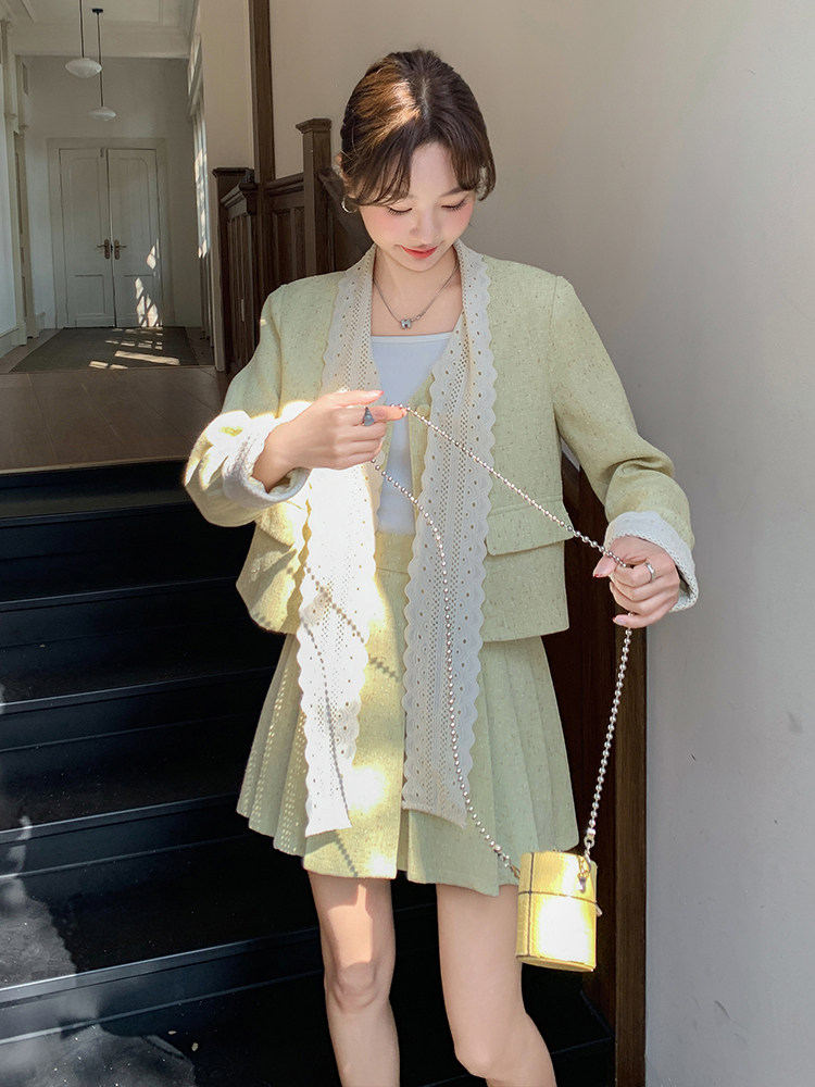 法式小香风时尚套装裙女秋2025新款高级感蝴蝶结上衣百褶裙两件套,女装套装/套裙,秋水欣儿