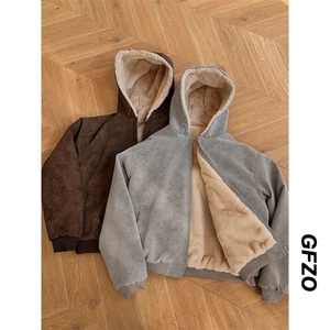 网图 美式宽松PU皮座山雕仿兔毛连帽加厚保暖棉服M011特P80图片