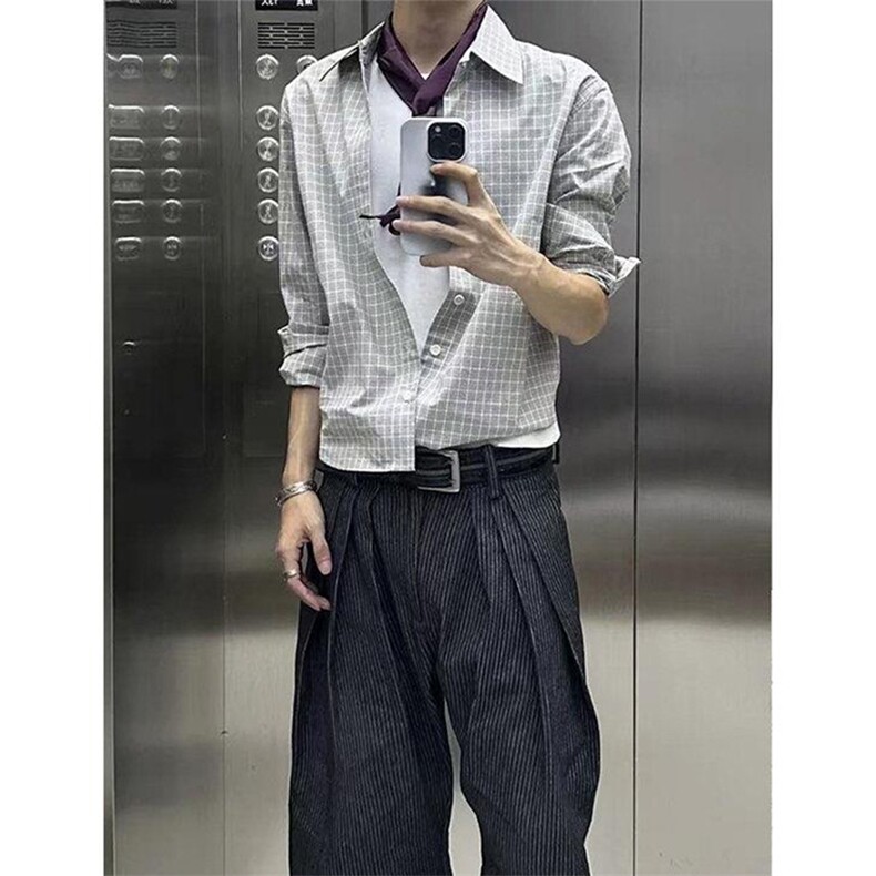 美式潮牌高街复古细格子日系肌理感长袖衬衫外套男女休闲宽松衬衣，男装衬衫，电商A443