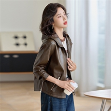 皮衣外套女2025春秋季新款小个子美式休闲短款百搭连帽机车服夹克，女装皮衣，缘衣格