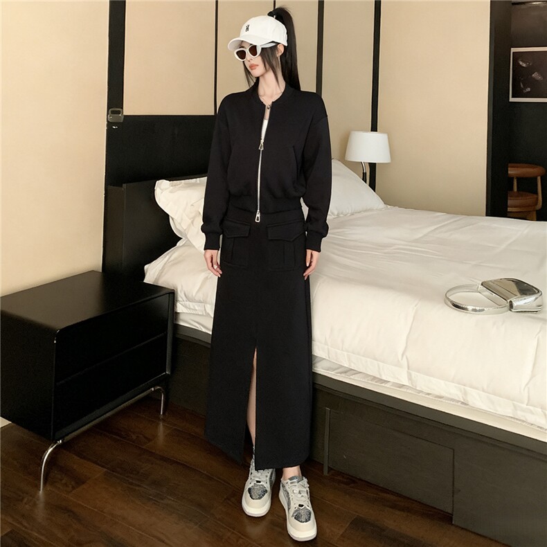 高级感时尚运动套装女秋季新款拉链开衫卫衣前开叉半身裙两件套潮,女装套装/套裙,2C310
