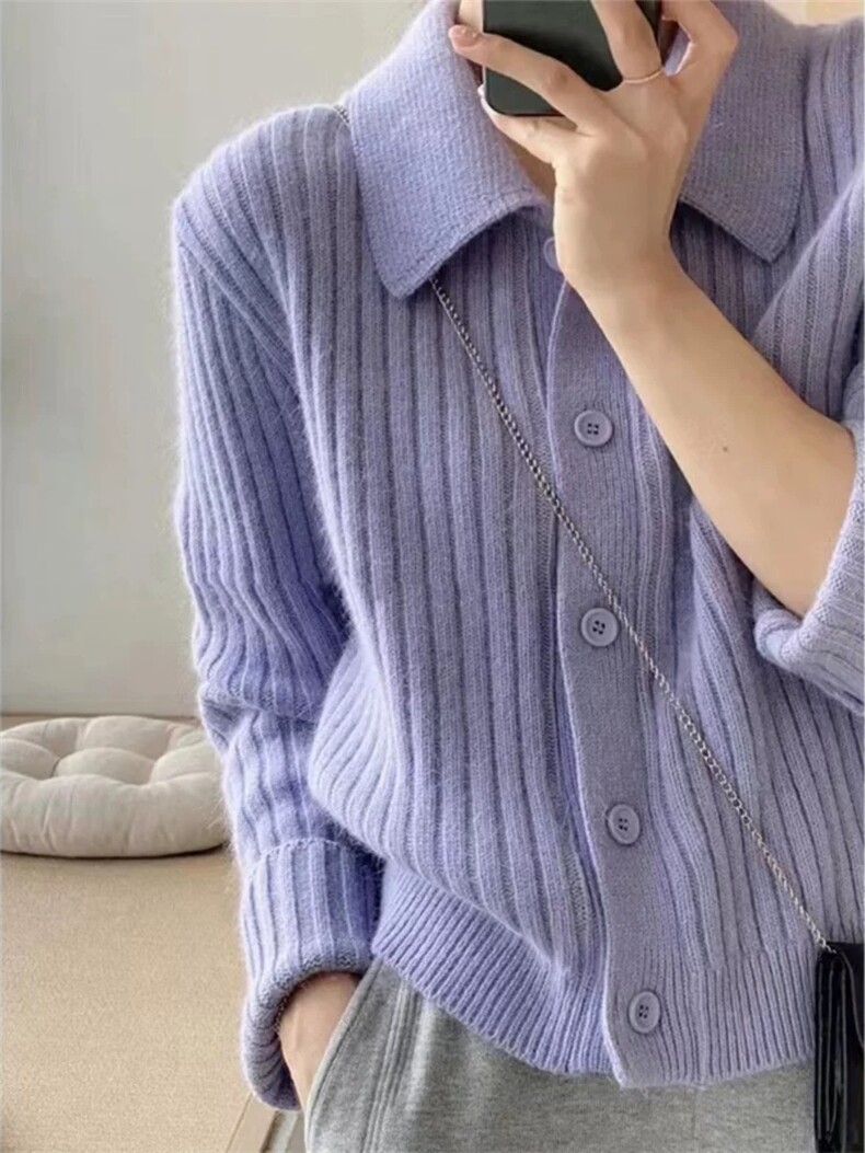 秋冬POLO领100%纯羊毛开衫女坑条加厚毛衣外套宽松慵懒羊绒衫上衣,针织衫/毛衣,恩泰羊绒
