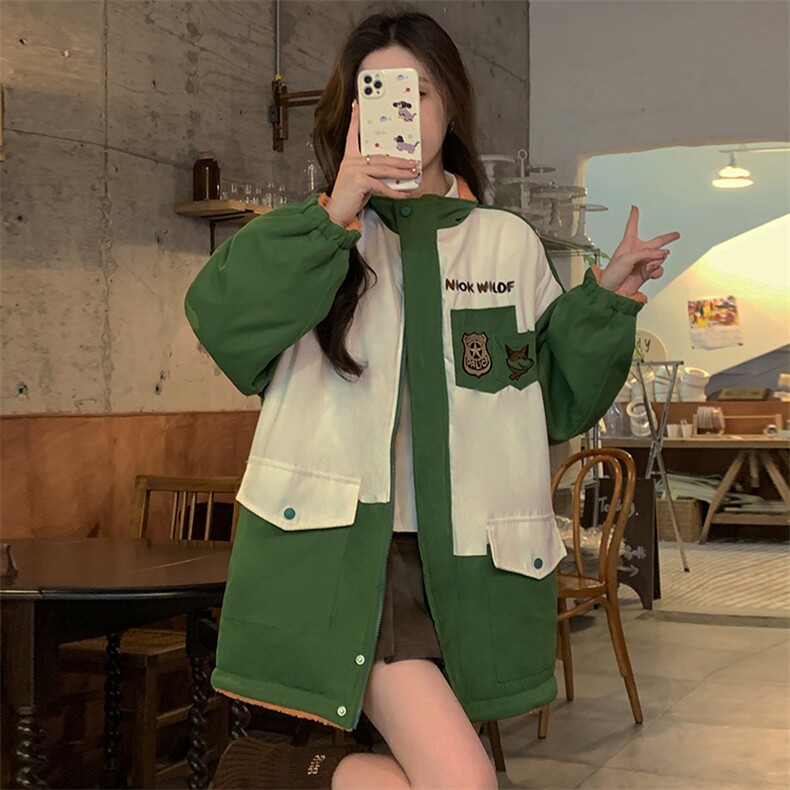 双面穿棉服冬季撞色立领外套宽松新款羊羔毛学院风棉衣 c777-p115图片