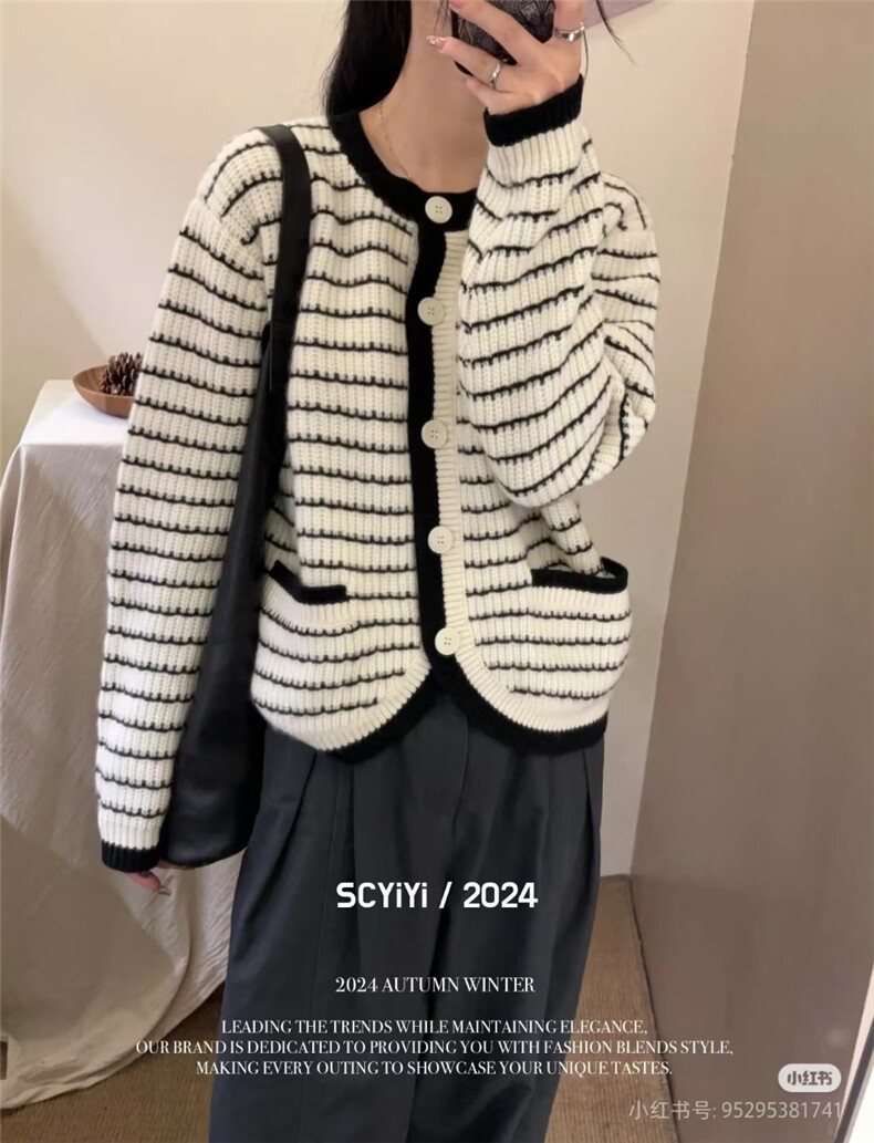 条纹开衫红色黑色胸围108衣长58袖长48,针织衫/毛衣,更慕羊绒