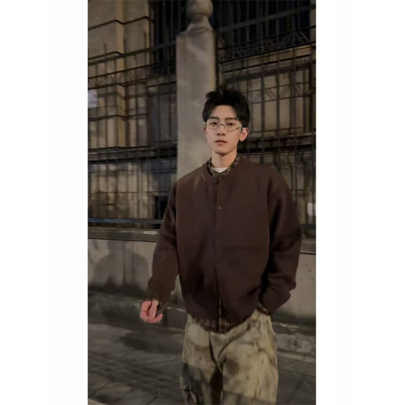现货~龙叨叨老钱风假两件格纹拼接长袖针织开衫外套MY2573批88,女装短外套,星座1411A-6