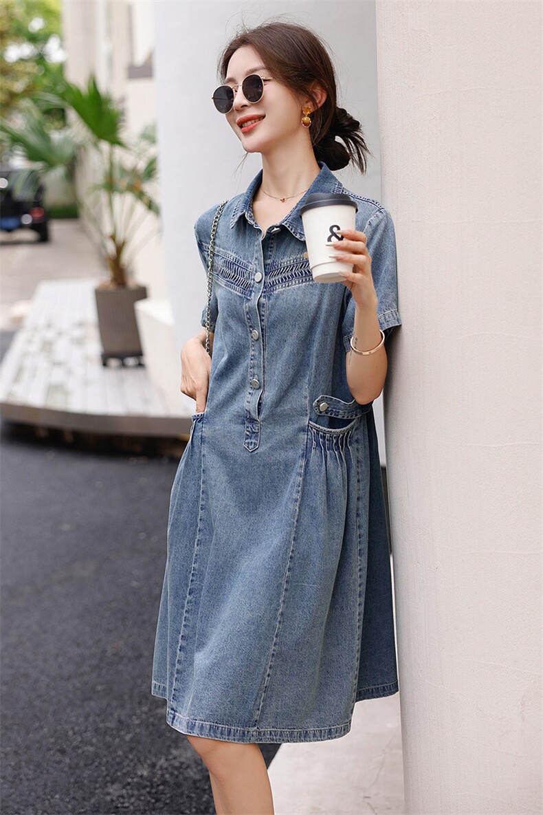 现货2023牛仔连衣裙女宽松舒适遮肉夏装新品韩版POLO领,女装连衣裙,钱塘布衣