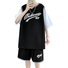 夏季短袖T恤套装青少年纯棉篮球服男潮流两件套男装F312P60控89，男装休闲套装，电商A086