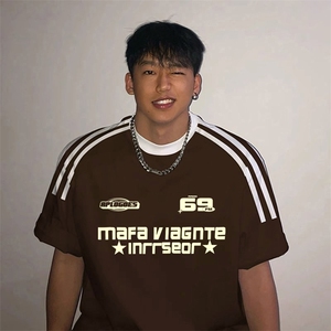 夏季美式高街重磅纯棉三条杠织带撞色男女短袖T恤ZD367-特P30图片