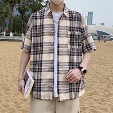 港风格子衬衫男春夏季内搭复古宽松破洞纹短袖潮衬衣外套7222P45，男装衬衫，电商A056