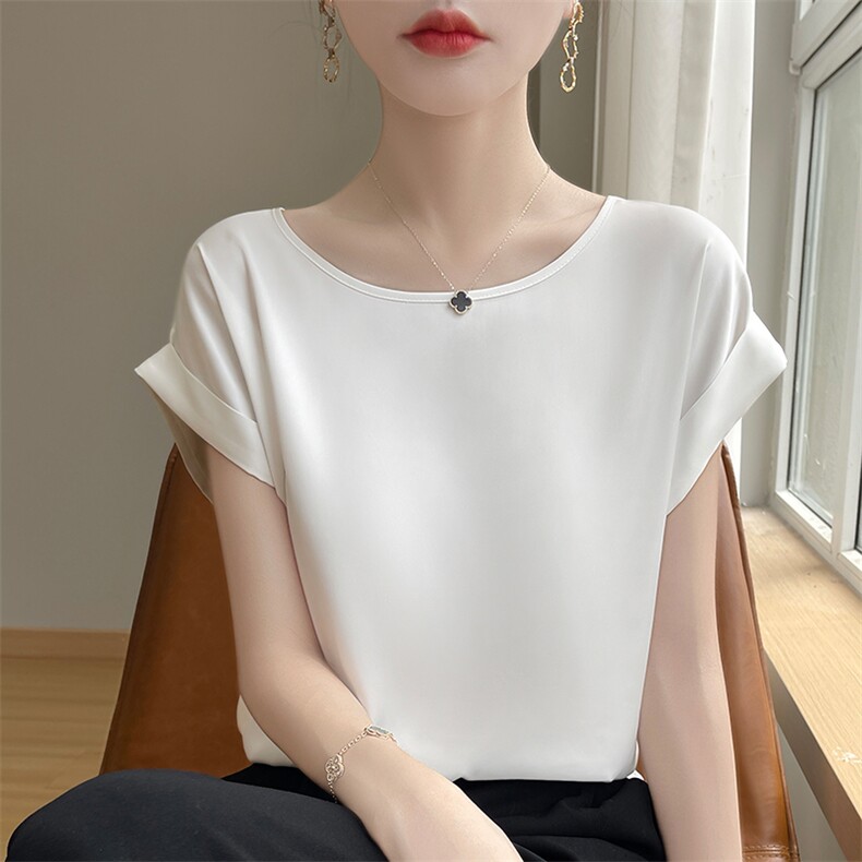2024年夏季纯色套头圆领时尚气质百搭简约上衣,女装衬衫,绒宛羊绒