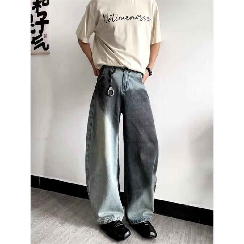 网图现货弯刀牛仔裤水洗撞色宽松阔腿潮牌直筒裤子RA702-P65图片