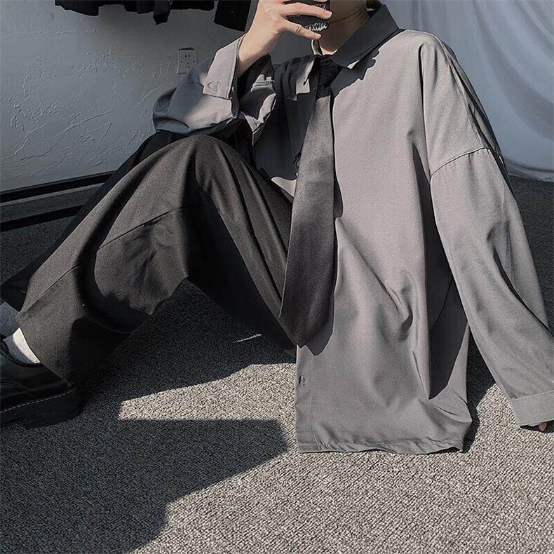送领带中性夏季冰丝长袖衬衫男女港风DK帅气外穿衬衣C623/P35,男装衬衫,电商D202-1