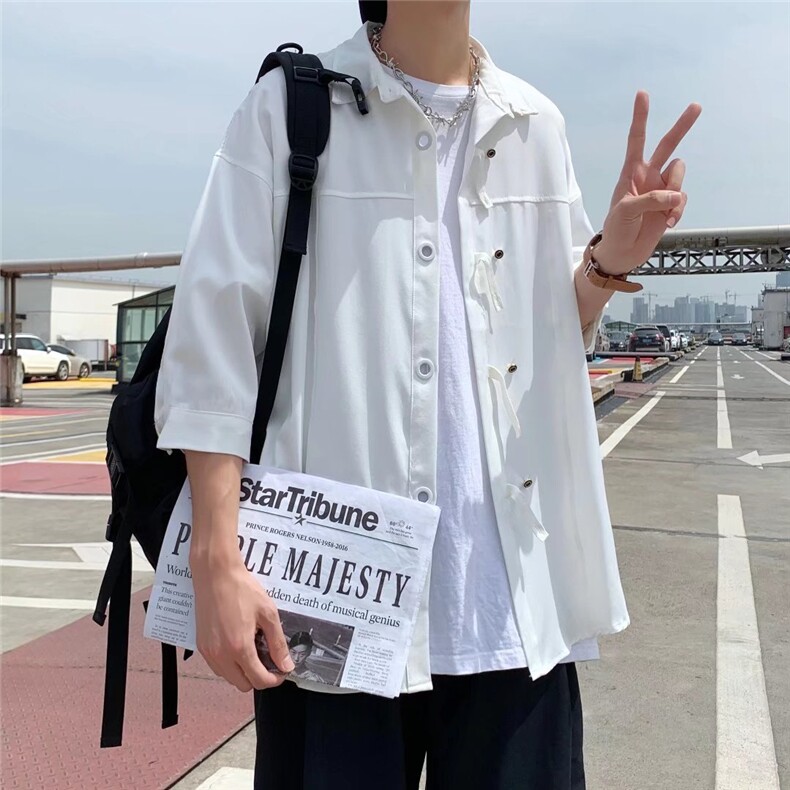 短袖衬衫免烫文艺新款纯色百搭潮流气质青春流行男方领夏季C4077,男装衬衫,星座1013