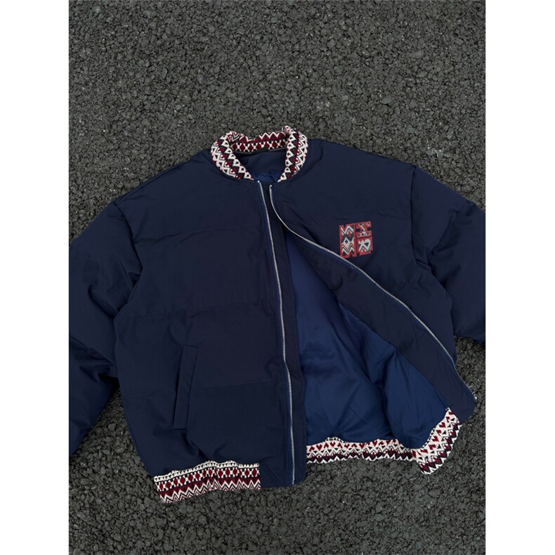 网图有货藏蓝色民族提花拼接品质夹棉棒球服棉衣外套男A234-P88,男装棉衣,星座1505