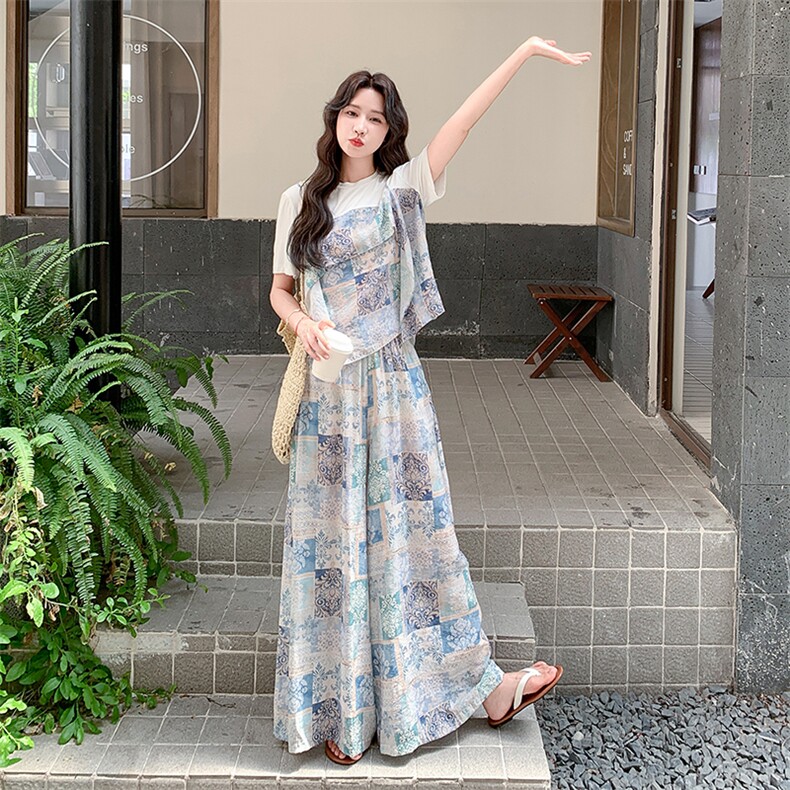 盐系轻熟风休闲套装女夏季2025新款复古设计感T恤印花裤裙两件套,女装套装/套裙,浙宝305