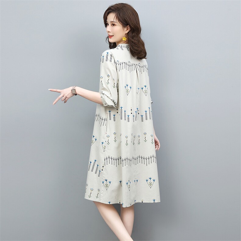 2022年春季新款韩版纯棉长袖连衣裙女中长款舒适显瘦印花裙子气质,女装连衣裙,忆绮罗
