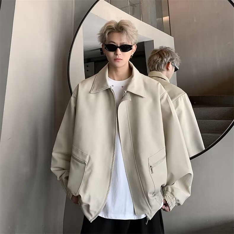 短款翻领宽松垫肩夹克外套2024春秋季男士休闲潮牌上衣W9326/P70图片