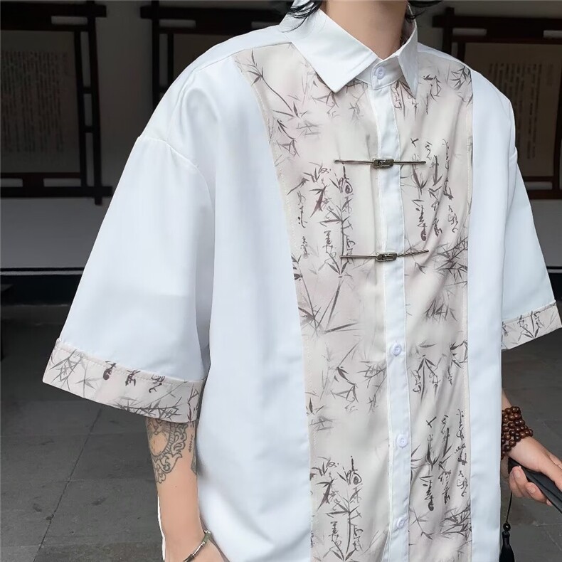 新中式衬衫男2024夏季新款宽松百搭金属扣图案印花设计感潮流上衣,男装衬衫,星座410-7