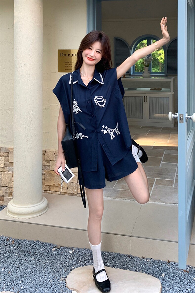 甜美黄色刺绣衬衫短裤套装女夏2025新款小个子两件套超火大方得体,女装套装/套裙,2C022