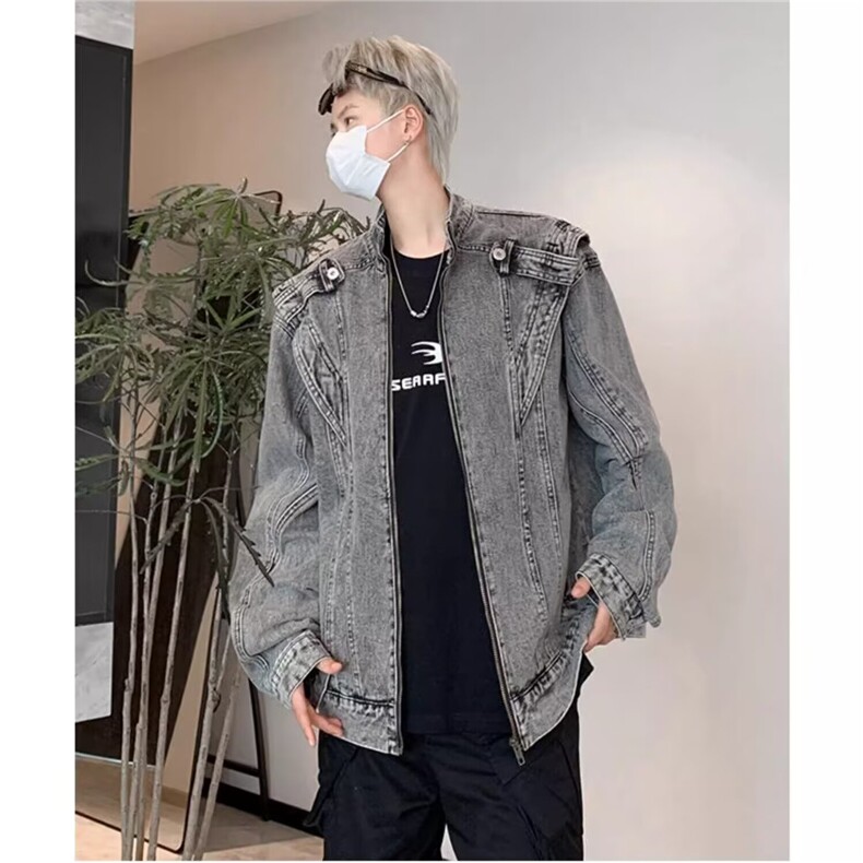 321-P71重工解构拼接设计垫肩牛仔长袖外套男女廓形拉链立领,女装短外套,电商B323A