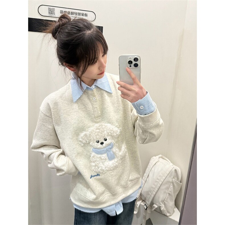 拼接衬衫假两件卫衣女春秋薄款小众设计感宽松学院风上衣polo领潮,男装衬衫,星座506A