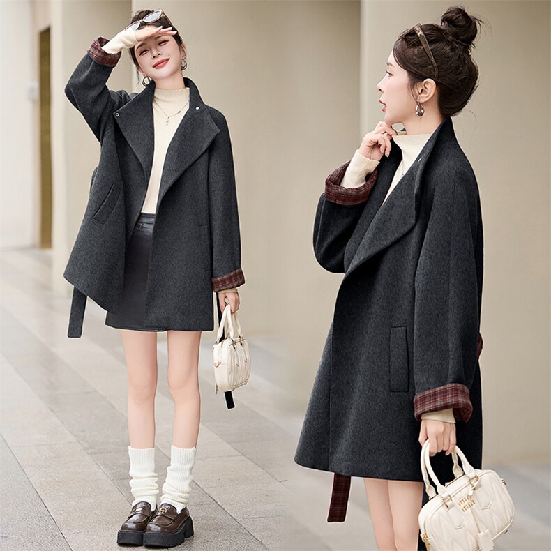 米色拼接格子毛呢外套女秋冬2025新款韩版小个子气质显瘦呢子大衣，女装羊绒大衣，尚娜萱