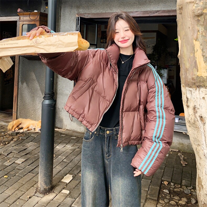 撞色条纹拼接短款羽绒服女冬季2025新款小个子韩版90白鸭绒面包服,女装羽绒服,2C158