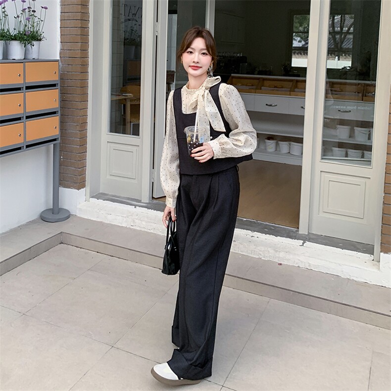 2025春季新款女搭配一整套蓝色牛仔背心阔腿裤搭配波点衬衫三件套,女装套装/套裙,浙宝301