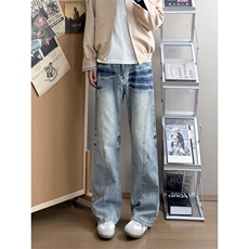 B221美式ins高街重工艺斜切宽松微喇牛仔裤LK25587-特P45控78，男装牛仔裤，电商B221