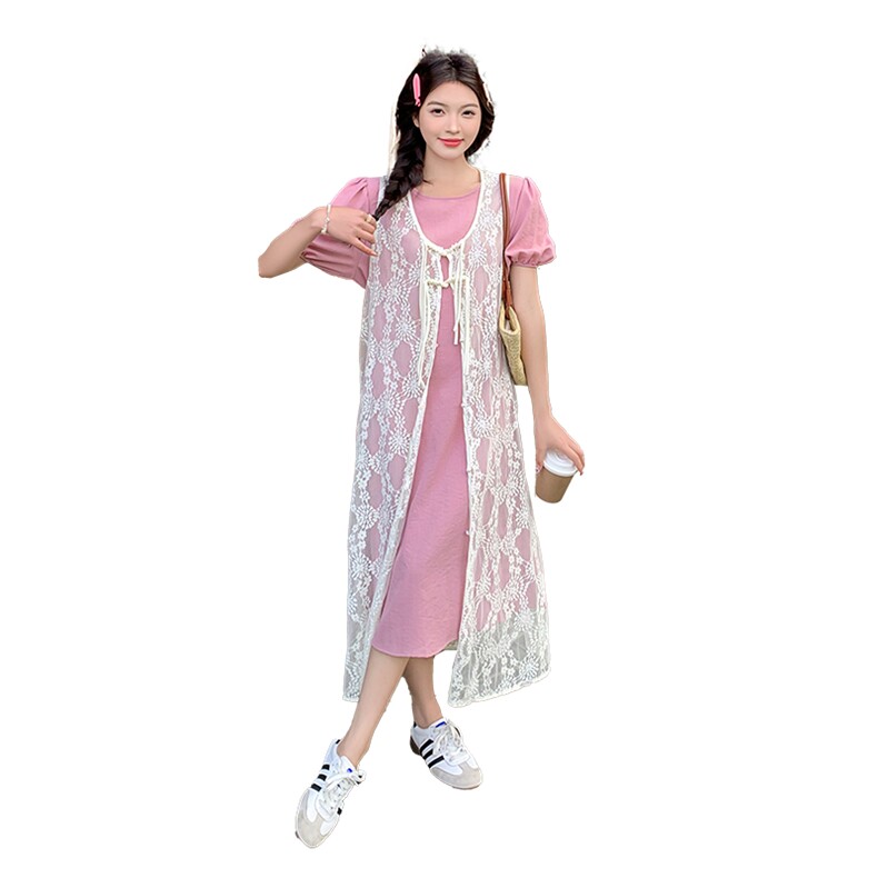 粉色温柔风套装裙女2025年夏季新款泡泡袖连衣裙蕾丝背心裙两件套,女装套装/套裙,2C030