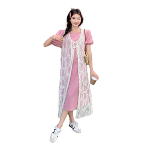 粉色温柔风套装裙女2025年夏季新款泡泡袖连衣裙蕾丝背心裙两件套图片