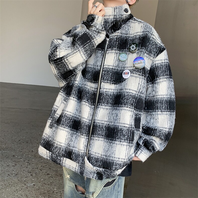 格子毛呢大衣男秋冬季2024新款日系复古潮牌痞帅宽松短款呢料外套，男装毛呢大衣，星座505-2（原电商A260-1)