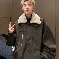 冬季复古毛领夹棉外套男加厚保暖美拉德皮衣机车服棉衣Y162/P105，男装皮衣，星座506