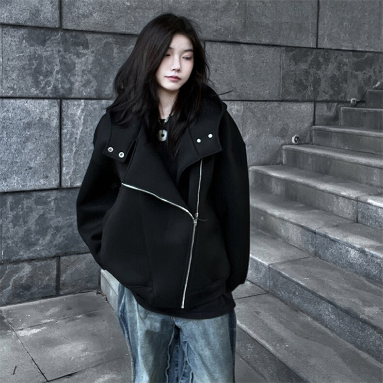 抖音得物品质26春装美式重磅结构斜拉链高领连帽卫衣开衫外套W61,女装短外套,电商A486