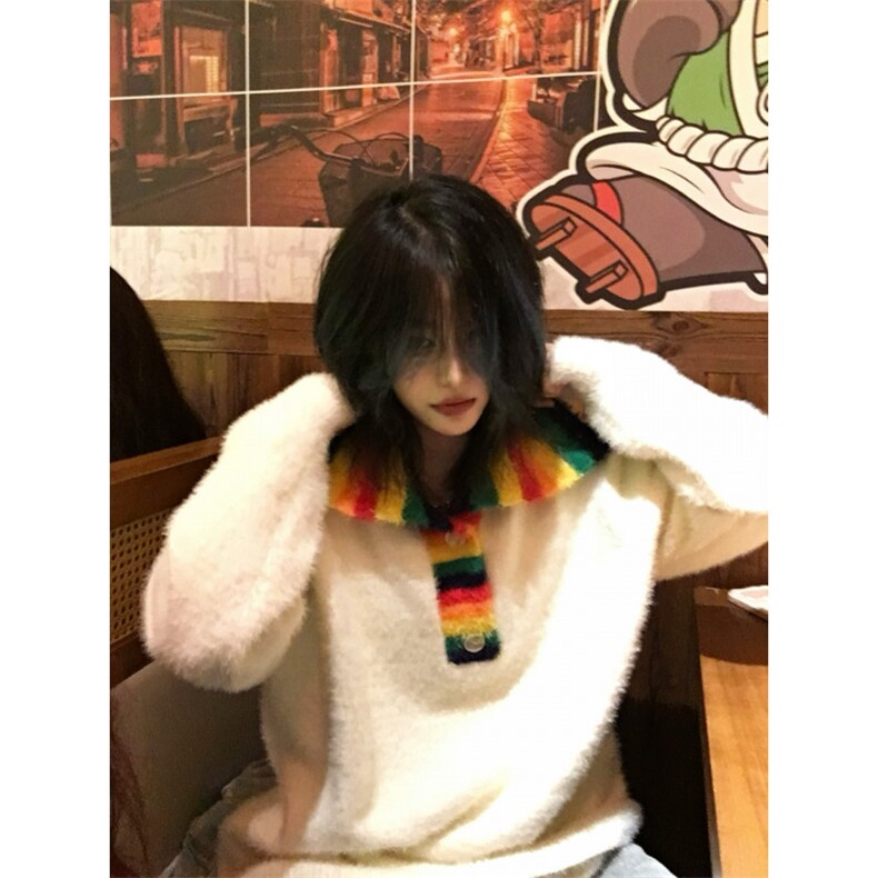 美式慵懒风彩虹高领毛衣男女秋冬季情侣白色针织衫外套MY3666-p60,男装针织衫/毛衣,星座1008