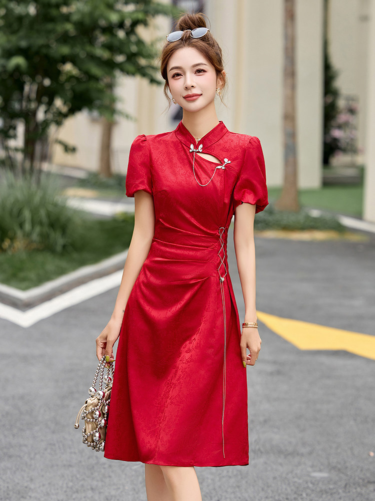 新中式国风连衣裙女2025夏季新款小个子修身显瘦改良红色旗袍裙子,女装连衣裙,依如秀(原杭风阁)