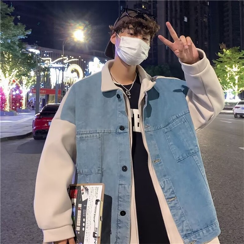 秋季牛仔外套男假两件港风ins潮流拼接毛呢夹克上衣W5210-P70,男装夹克,星座512-2