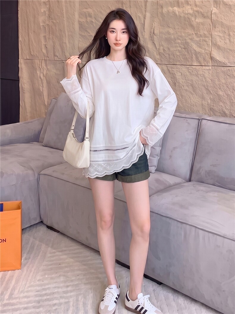高级感时尚潮流套装女夏季款宽松圆领镂空花边上衣牛仔短裤两件套,女装套装/套裙,江南