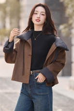 现货手工缝制冬新款时尚斗篷甜美拼接保暖领子双面呢外套送领结，女装双面呢大衣，美静678