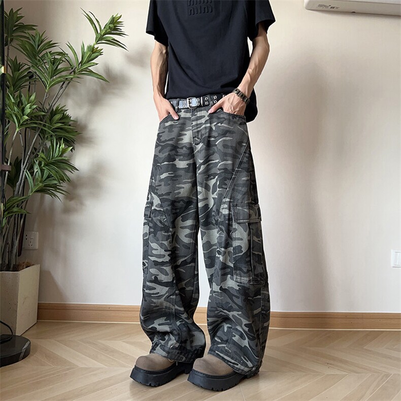 美式多口袋工装迷彩裤男女夏设计感阔腿裤弯刀休闲长裤子K723-P58,男装工装外套,星座308B-1