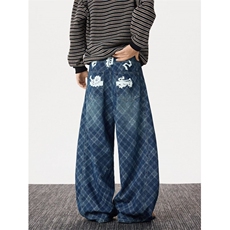 美式复古贴皮格纹弯刀牛仔裤男款宽松直筒褶皱水洗休闲风阔腿裤子，男装牛仔裤，四季星座505