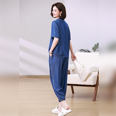 时尚显瘦牛仔套装女夏新款韩版宽松短袖上衣高腰长裤两件套，女装套装/套裙，叶笙衣