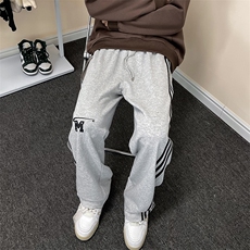 卫裤男秋季美式复古潮牌三条杠条纹拼接宽松直筒阔腿运动拖地长裤，男装休闲裤，星座601-2