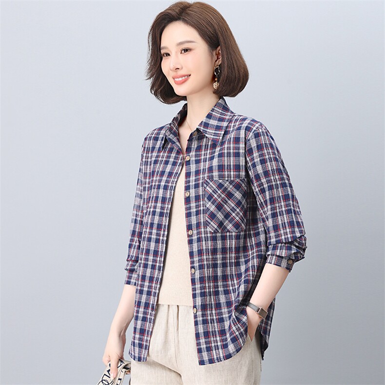 2025年春秋装新款潮小格子衬衫宽松显瘦韩版气质百搭衬衣女减龄,女装衬衫,独衣靓