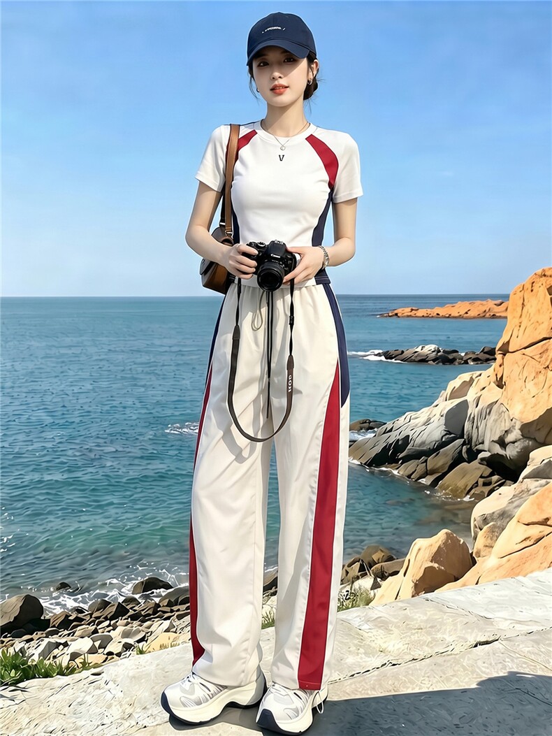 潮流时尚休闲运动套装女夏季新款显瘦竖纹圆领短袖上衣长裤两件套,女装套装/套裙,江南