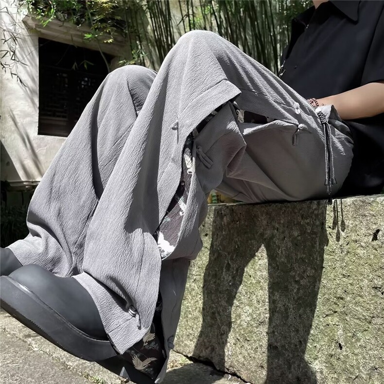 新中式风盘扣冰丝西裤男夏季宽松直筒弹力仿亚麻包边K2832，男装西裤，星座1116A-1（原606A）