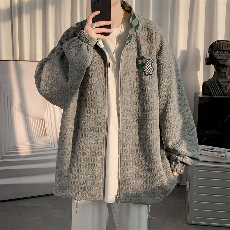 秋上新两面穿开衫宽松夹克港风男女韩版徽章棒球服外套8002-P100,男装夹克,电商A441-1