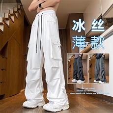 特批P40无差价夏季褶皱冰丝工装伞兵裤男大码抽绳拖地长裤K1302B，男装休闲裤，电商A001