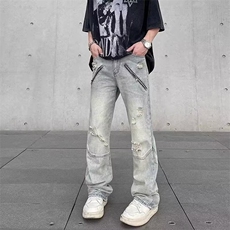 潮牌磨破洞拉链牛仔裤男女美式高街宽松直筒长裤子K70086-P42网图，男装牛仔裤，电商B245